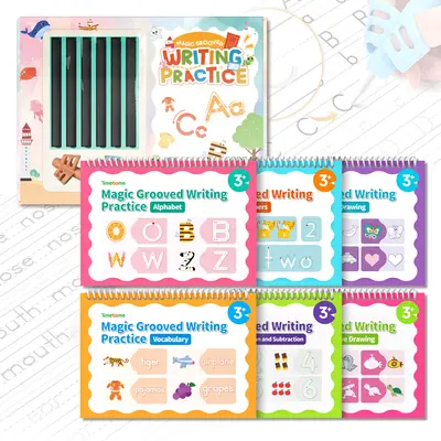 TIMETOME Reusable Grooved Handwriting Workbook for Kids, Learning Materials, 6 Books–Early Elementary, Covers Math, Words, Drawing –Gift for Children Lettering Spiral Notebook school supplies，summer learning workbook,sohochic