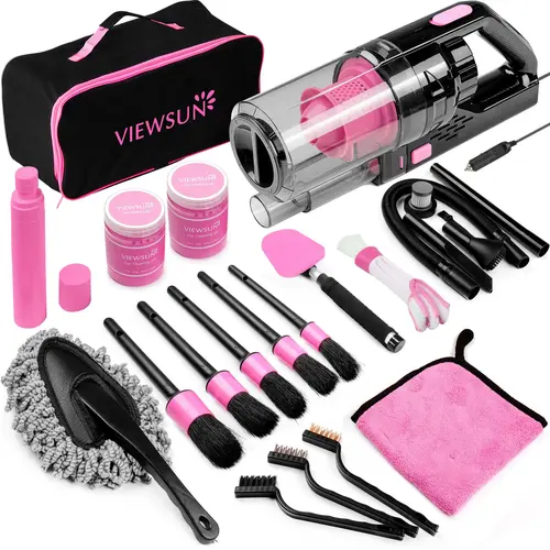 【TikTokShopBackToSchool】Viewsun 17pcs Car Cleaning Kit, Pink Car Interior Detailing Kit with High Power Handheld Vacuum, Detailing Brush Set, Windshield Cleaner, Cleaning Gel, Complete Auto Accessories for Women Gift,Summervibes toolupgrade
