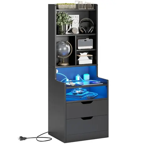 Sikaic Tall Night Stand with Charging Station and LED Lights, Nightstand with Bookshelf, Bedside Table with Drawers & Power Outlets, End Side Table for Bedroom, Home Furniture Christmas Gifts [SohoChic]
