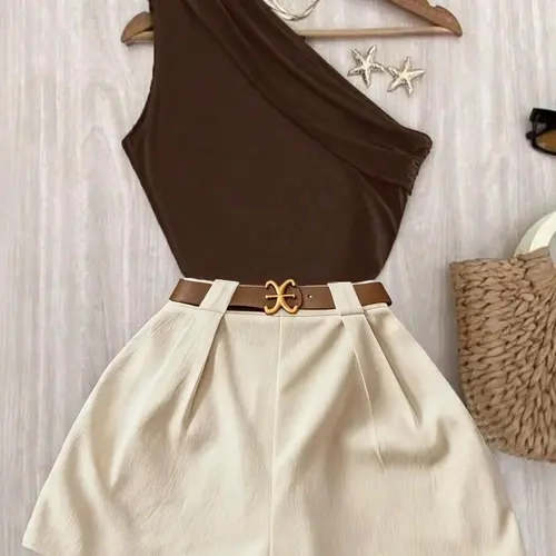 Spring Summer Women's Chic Office, High Elastic Fitted Pleated Shoulder Sleeveless Top, Comfortable Waist Pants, Stylish Casual Matching Set, Two Pieces Outfits, Belt, Clothes
