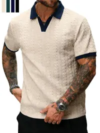 Men's Retro Colorblock Premium Fitted Polo Shirt, Textured V Neck Short Sleeve Top, Casual Street Style, Summer Fashion, Fitted Leisurewear, Casual Polo Shirts