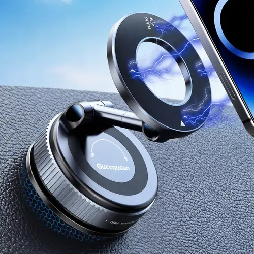 Guccqueen 2.0 Foldable Magnetic Car Phone Mount - Compact Metal, Secure Holder Smartphone, 20N52 Strong Hold, Vertical Round Mount, Vacuum Suction Cup, Heat-Resistant Nano-Adhesive Base, MagSafe Snapon, Car Interior Accessory
