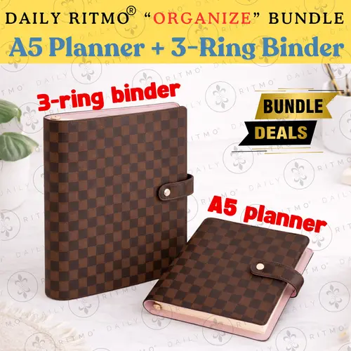 DAILY RITMO "Organize" Bundle - Checkered A5 Academic Calendar Day Productivity Planner & 3-Ring US Letter Binder Combo, Back to School Office Stationery Supplies for College Students
