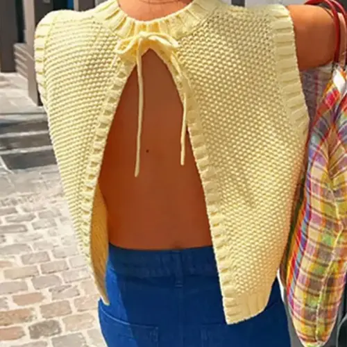Women's Solid Split Tie Back Sweater Vest Fit, Casual Round Neck Sleeveless Knit Knitting Top for Spring & Fall, Fashion Aesthetic Women's Knitwear Womenswear for Daily Wear Basic