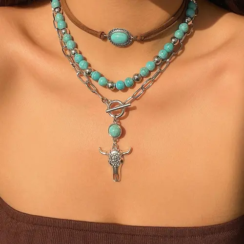 Vintage Cow Head Decor Beaded & Pendant Necklaces, Boho Style Turquoise Decor Necklace for Women & Girls, Party, Daily Clothing Decor, Birthday Gift, Daily Wear Necklace, Boho Style Jewelry, Jewelry Gifts
