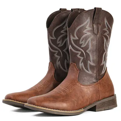IUV Cowboy Boots For Men with Wide Square Toe Western Retro Boot Durable Classic Fashionable Embroidered Pull On Slip Resistant Boots SummerVibes