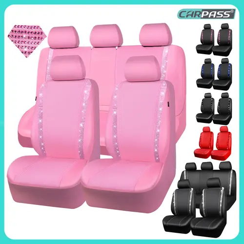 CAR PASS Bling Car Seat Covers Leather,Waterproof Shining Rhinestone Pink Accessories Universal Fit Auto Glitter Crystal Sparkle,Cute Women Girl