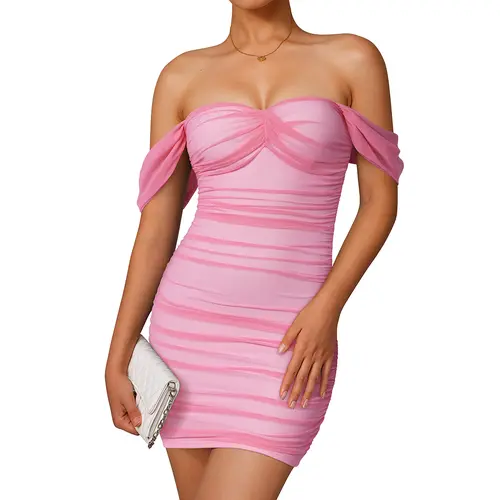 HYZ Women's Summer Sexy Bodycon Off Shoulder Sleeveless Mesh Ruched Mini Party Dress