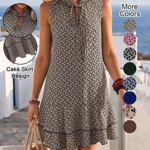 Women's Geometric Print Bow Dress, Tiered Layer Cake Skirt, Casual Sleeveless Fitted Short Dress, All-Season Versatile Fashion, Summer Dresses