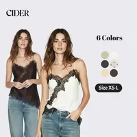 Cider Satin V-neck Floral Lace Lettuce Trim Blouse Casual Cami Sleeveless Top SohoChic