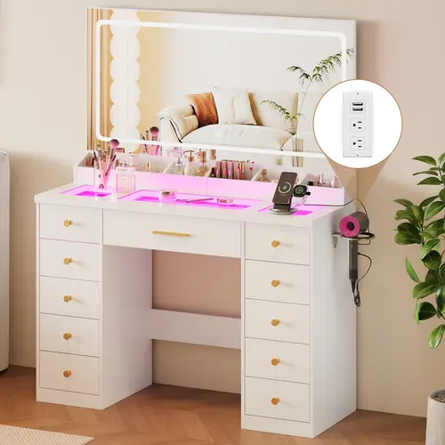 LAKEMID 58.3-inch Rectangular LED Illuminated Vanity Table, 58x48 in Glass Top Makeup Vanity with RGB Lights, 11 Drawers, Power Outlet, Desktop Storage Compartments, 3 Lighting Modes, Stable Sturdy Bedroom Storage Desk for Women (White)