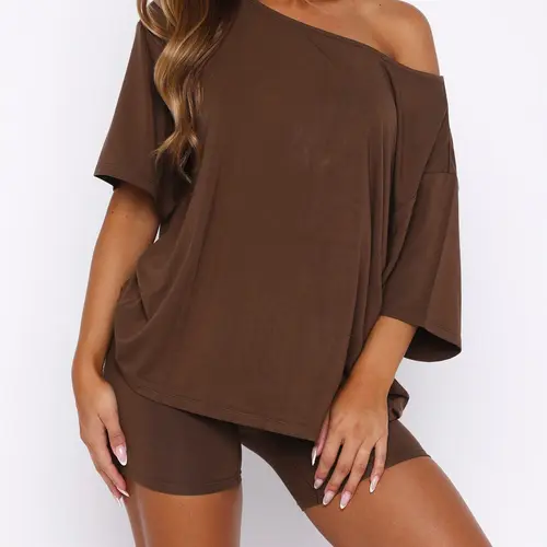 Fisoew Women’s Casual Two Piece Lounge Set Off Shoulder Top & Fitted Shorts Springtok Loungewear Pajama Nightwear Womenswear Clothes Matching pajama pants pajamas sets for women pajama sets women pj sets for women pajamas