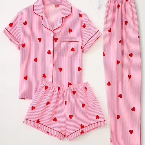 Women's All Over Print Sleepwear, Pajama Set, Pajamas Lounge Set, Pyjamas, Pjs, Short Sleeve Top & Shorts & Long Pants, Cute Striped Heart Print, Casual Fitted Loungewear