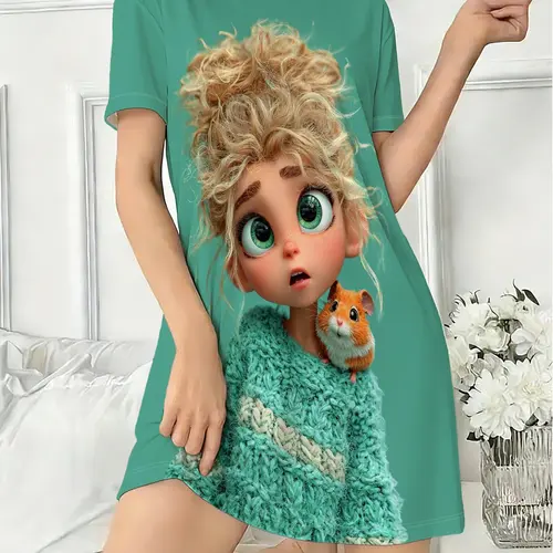 Women's Nightdress, Round Neck Short Sleeve Pajamas, Dreamy Cartoon Print, Christmas Theme, Casual Fitted Sleepwear