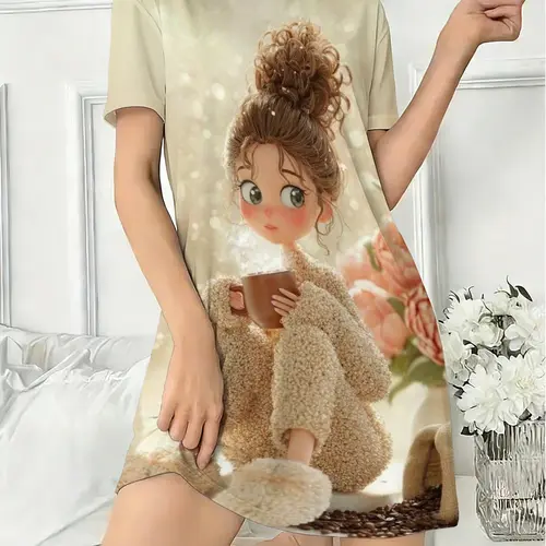 Women's Nightdress, Round Neck Short Sleeve Pajamas, Cute Cartoon Print, Christmas Theme, All Seasons Casual Sleepwear