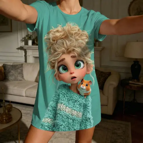 Tiktok Trendy Mint Cute Cartoon Girl Print Short Sleeve Round Neck Sleepwear, Casual Baggy Loungewear for All Seasons
