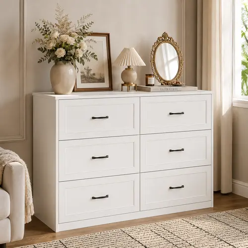 [SohoChic] Vabches 6-Drawer Lockable Dresser, Modern Farmhouse Sturdy Wood Storage Cabinet with Metal Handles, Charging Station & Decor Items for Bedroom, Hallway