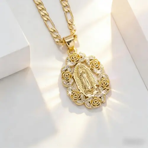 Religious Madonna Necklace Jewelry Unisex Flower Pendant Decoration 14k Gold Plated Copper Virgin Mary Pendant Necklace Fashionable Simple,sohochic