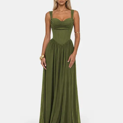 CurvySweet Celeste Women's Knitting Cute Formal Maxi Dress - Faux-Corset Milkmaid Polyester Gown with Built-in Bra, Wedding Guest Going Out Outfit, Bridesmaid Clothing,sohochic