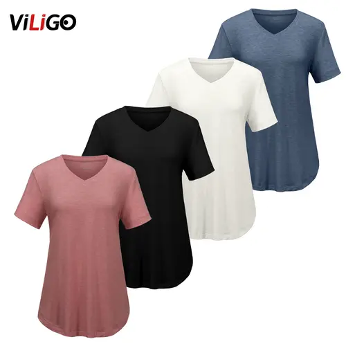 VILIGO 4 Pack V Neck T Shirts for Women Short Sleeve Shirts Basic Casual Tees Loose Fit Plus Size Tops Plain Summer Clothes Minimalist Womenswear Vneck