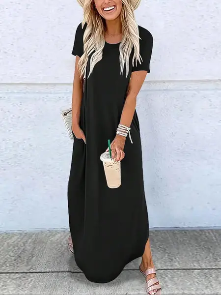 Women's Plain Pocket Round Neck Curved Hem Jersey Tee Dress Style, Casual Soft Breathable Short Sleeve Fit Long Dress for Summer, Casual Chic Dress, Ladies Clothes Womenswear for Daily Wear