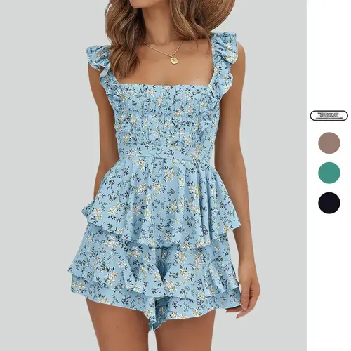 Imily Bela Womens Sexy Summer Romper Floral Square Neck Ruffle Strap Layer Hem Shorts Jumpsuits