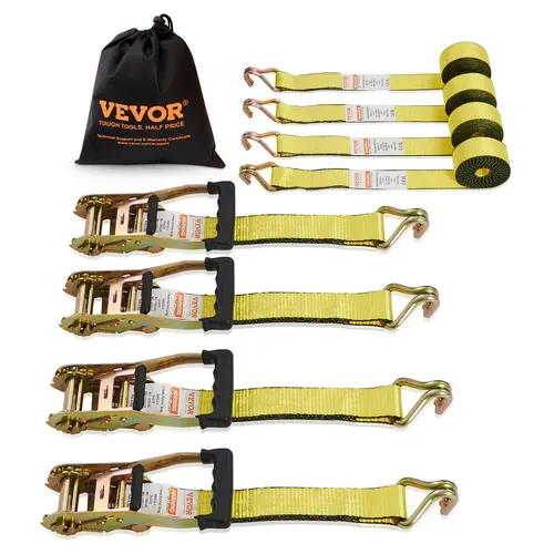 【toolupgrade】VEVOR 4-Pack Heavy Duty Ratchet Straps, 2"x15' Double Stitched Nylon Webbing, 5000lb Break Strength with Double J Hooks & Ergonomic Quick Release Padded Handles, for Vehicle Transport, Trailer Cargo Securing (Luggage Accessory), Durable Nylo