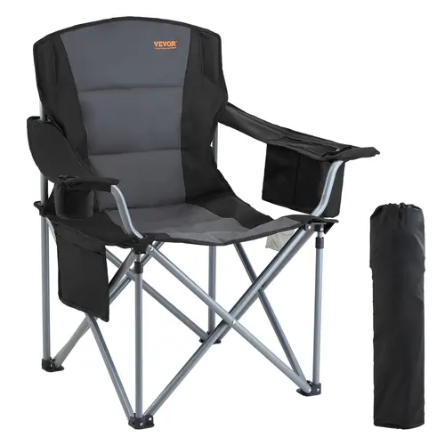 【toolupgrade】VEVOR Camping Folding Chair for Adults, Portable Heavy Duty Outdoor Quad Lumbar Back Padded Arm Chairs with Side Pockets, Cup Holder and Cooler Bag for Beach, Lawn, Picnic, Fishing, Backpacking, Black, Beach Chair, Camping Chairs, Cotton, Pa