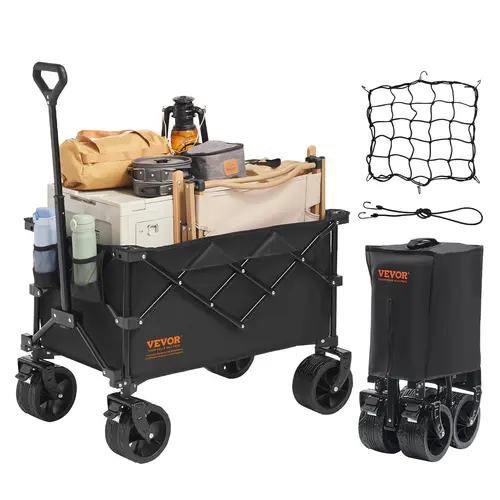 【toolupgrade】VEVOR Portable Iron PVC Collapsible Folding Wagon Cart with All-Terrain Wheels, 450 lbs Max Load, Drink Holders, Storage - Heavy-Duty Gardening Cart for Camping, Shopping, Outdoor
