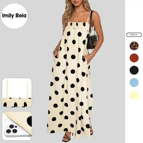 Imily Bela Womens Summer Polka Dot Maxi Dress Casual Spaghetti Strap Smocked Loose Fit Vacation Beach Dresses with Pockets