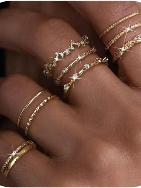 CASSIECA 9pcs Stacks Rings Gold Silver Waterproof Adjustable Statement Rings for Women Stackable Thumb Finger Engagement Promise Ring Set Jewelry, Stacking Ring Set, Metal Coating  Promiserings