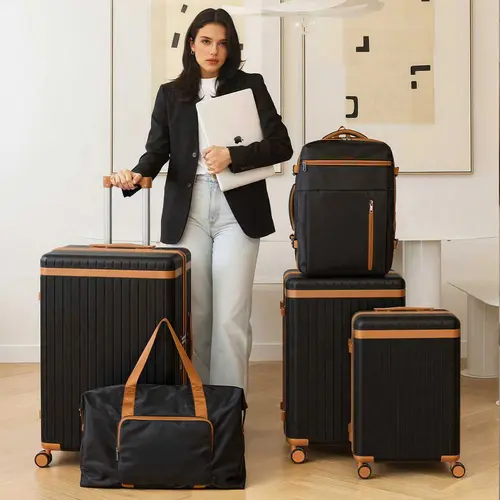 5-Piece Hardshell Luggage Set (28"+24"+20"+Backpack+Travel Bag) with TSA-Approved Locks, 4-Wheels 360° Rotation Silent Wheels, Layered Linings, Smooth Glide PC Suitcases