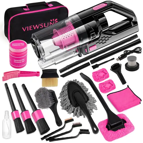 【TikTokShopBackToSchool】Viewsun Car Vacum Cordless Rechargeable, 8000PA High Power Handheld Vacuum Cleaner with 17PCS Car Cleaning Kit, Pink Auto Accessories for Women Gift，Summervibes toolupgrade