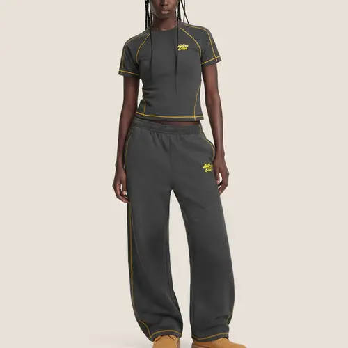 Aelfric Eden Cloud Slim Sweat Set Contrast Yellow Stitching Fitted Tee & Baggy Pants Casual Two-Piece Streetwear,summeroutfits,vacationoutfits,bathingsuitwomenset,beachoutfits Drawstring, Women's Clothes, Matching Sets For Women,sohochic