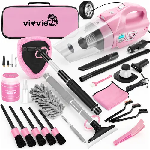 Pink Car Cleaning Kit Multipack (25Pcs) - 4-in-1 Power Handheld Vacuum Cleaner, Detailing Brushes, 2-in-1 Windshield Cleaner with 180° Glass Contact, Car Interior Care Cleaning Tools, Gift for Sisters Best Friends, Car Accessories toolupgrade