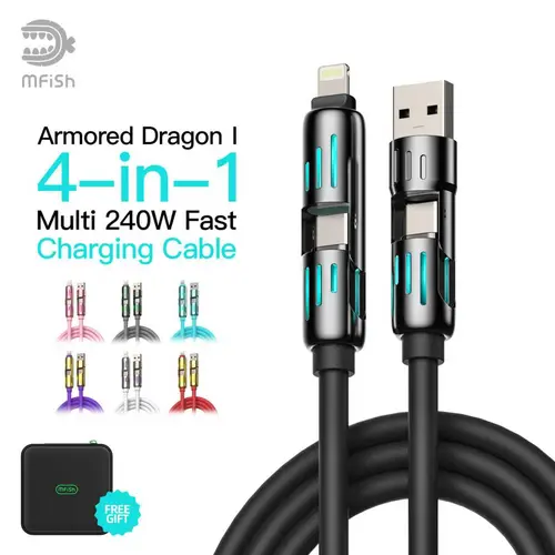 MFish 4-in-1 Universal Design Durable Fast Charger Soft Liquid Cable - 240W Multi-Connector Mobile Charging Cable with USB-A, Type-C, Lightning for iPhone17, Samsung Smartphone & Laptops (Electronics Accessories, Supplier Warr.)