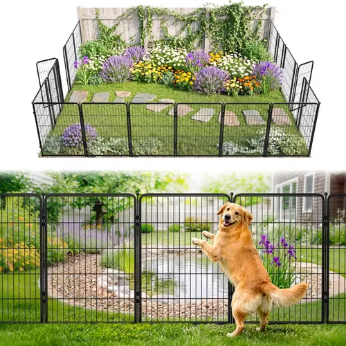 FXW No Dig Sturdy Metal Garden Fence with Rounded Stake Tips, Stable Metal Rods, Connecting Panels, Adaptive Flexible Layout, Easy to Set Up & Rearrange, Dog-Friendly Outdoor Backyard Barrier for Flower Bed Protection