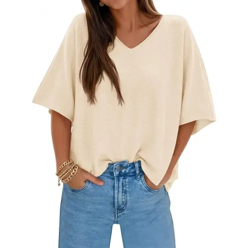 Saodimallsu Women's V Neck Sweaters, Elegant Oversized Dolman Top, Lightweight Minimalist Knitwear with Rolled Hem, Lady,clothes for back to school,first day of school outfits,sohochic