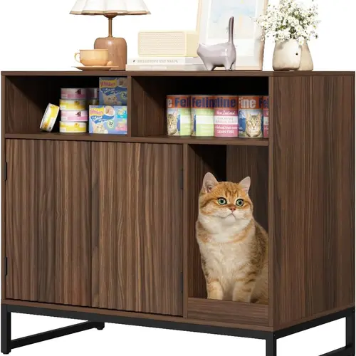 PieDle Cat Litter Box Enclosure, Large Hidden Pet Storage Cabinet Furniture with Waveform Fluted Doors & Scratching Pad, Modern Wooden Cat House Indoor for Washroom, Living Room, Bedroom