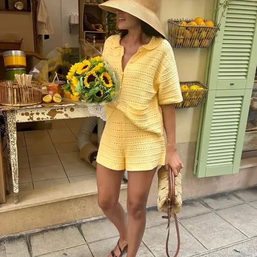 Women‘s Vacation-Ready Textured & Openwork Knit Fabric Set, Short-Sleeve Pockets Collared Polo Cardigan & Relaxed Loose Elastic Waist Shorts Two-Piece Set, Chic Casual Comfortable Resort Wear, Womenswear, Clothes.