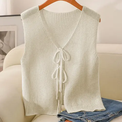 Women's Plain Basic V-Neck Bow Tie Sleeveless Knit Vest Cardigan, Casual Loose-Fitting Knitted Outerwear, Elegant Fashion Knitwear Sweater for Daily Wear