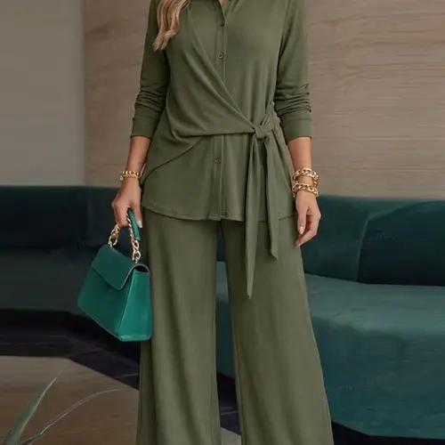Women's Casual Solid Color Set, Womenswear Long Sleeve Collared Turn-Down Collar Knit Cardigan, High Waist Straight Leg Pants, Daily Commute, Everyday, Fashion Style Sets
