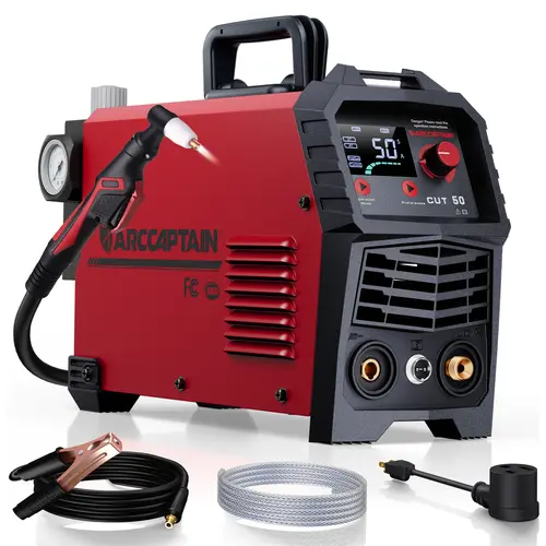 ARCCAPTAIN CUT-50 Plasma Cutter Welder, 50A DC Inverter IGBT Portable Torch Plasma Cutting Equipment with Large LED Display, 110/220V Dual Voltage, 1/2in Clean Metal Cut, Post Flow & 2T/4T Modes for Beginners,toolupgrade