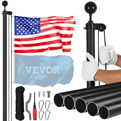 VEVOR Black-25 ft Sectional Flag Pole Kit, Heavy Duty Wind Resistant Aluminum Alloy In-Ground Outdoor Flagpole, 3 Display Modes with 3x5 American Flag, Professional Garden Accessories, All Seasons Use#SohoChic