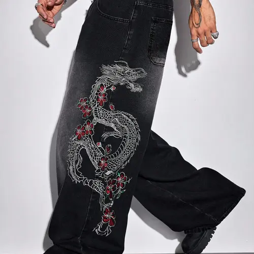 2026 Spring Summer American Streetwear Retro Wide-Leg Pants with Dragon Embroidery, Trendy Casual Style Loose-Fit Jean Denim Trousers for Daily Wear