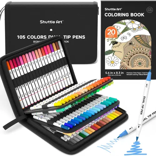 Shuttle Art Dual Tip Brush Marker Pens with 1 Coloring Book,25/70/105 Colors Fine and Brush Tip Markers Set in Cardboard Box/Portable Case for Kids, Water-based Ink Adult Artist Coloring Calligraphy Journal Doodling, Brush Pen, Bonus Book