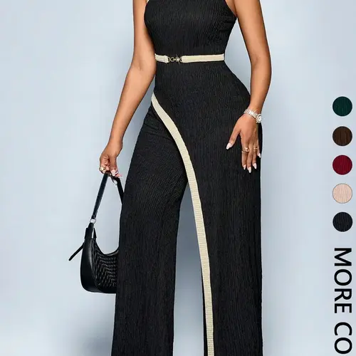 Women's Chic Comfortable Fit Asymmetrical Jumpsuit, Stylish One Shoulder Sleeveless Cut Out Wide Leg Jumpsuit, Perfect for Casual Wear, Cutout, Style