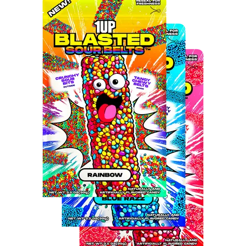 1UP Candy Blasted Sour Belts – Blasted Kit | Crunchy-Coated Sour Candy Variety Pack (3 Bags)