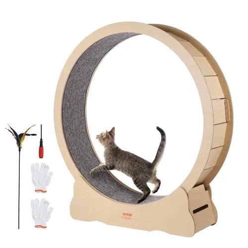 VEVOR Solid Wooden Cat Exercise Wheel, 52" Large Treadmill with Detachable Carpet & Teaser, Stable Wide Base, Noise Reduction, Gloves & Screwdriver Included, for Indoor Feline Running Training, Non-Scratch Mat, Up To 30 Lbs#SohoChic