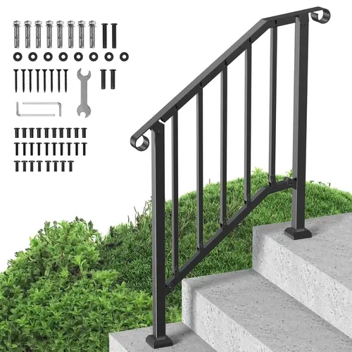 VEVOR Outdoor Step Handrails Kit, 2-3 Step Carbon Steel Railings with Nuts & Installation Kit, Adjustable Angle Metal Rail for Seniors, Concrete Porch/Deck, 220 lbs Capacity, Black Retro Arch Adds Charm, Works On Concrete, Wood, Tile#SohoChic